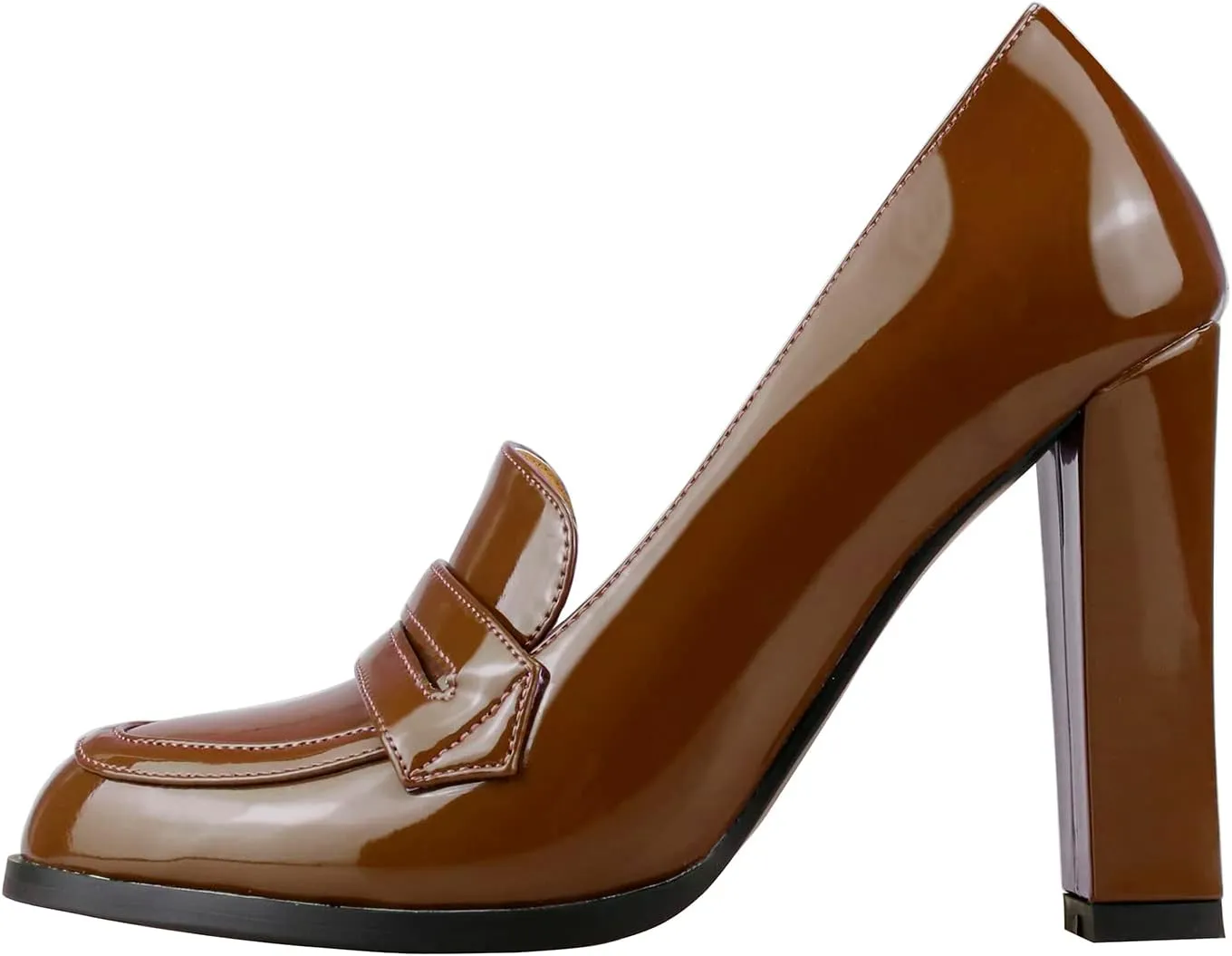 Lutalica W Women's Handmade Closed Round Toe Patent Leather Slip On Dressy Chunky High Heel Loafer Pumps Shoes for Work Party Evening