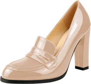 Lutalica W Women's Handmade Closed Round Toe Patent Leather Slip On Dressy Chunky High Heel Loafer Pumps Shoes for Work Party Evening