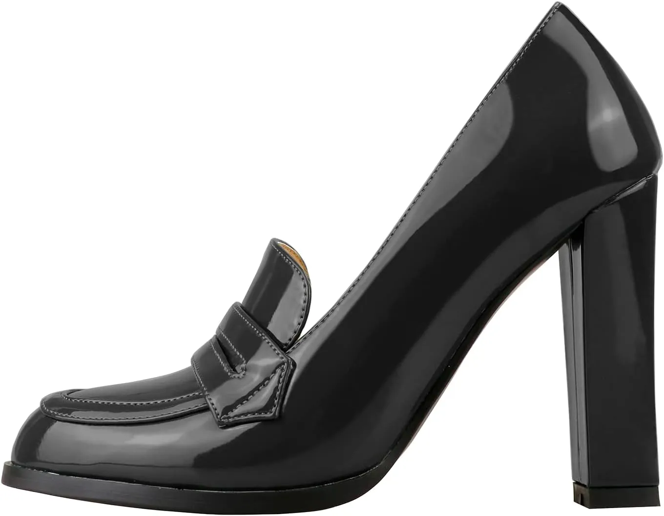 Lutalica W Women's Handmade Closed Round Toe Patent Leather Slip On Dressy Chunky High Heel Loafer Pumps Shoes for Work Party Evening
