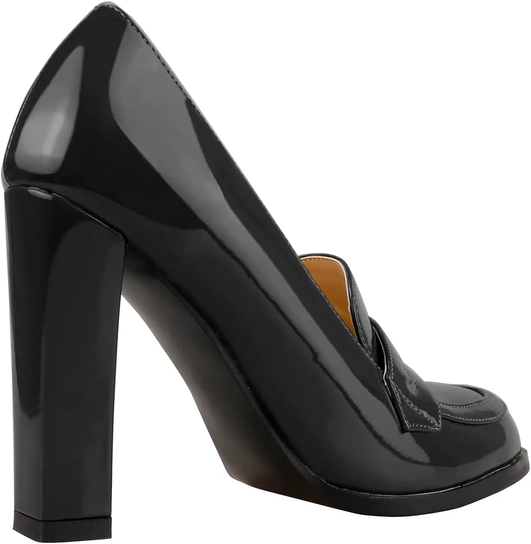 Lutalica W Women's Handmade Closed Round Toe Patent Leather Slip On Dressy Chunky High Heel Loafer Pumps Shoes for Work Party Evening