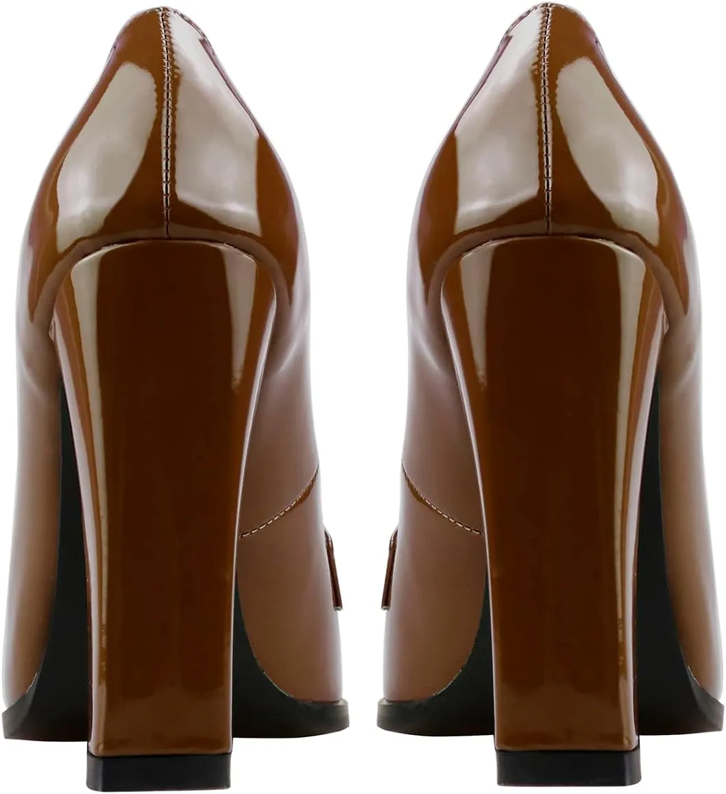 Lutalica W Women's Handmade Closed Round Toe Patent Leather Slip On Dressy Chunky High Heel Loafer Pumps Shoes for Work Party Evening