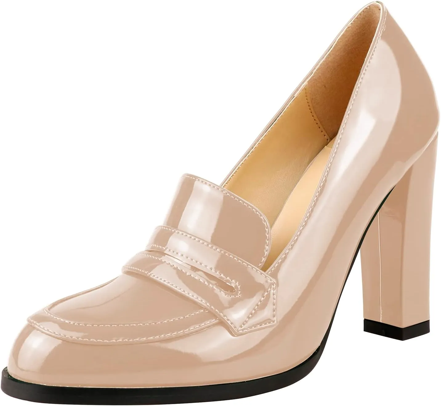 Lutalica W Women's Handmade Closed Round Toe Patent Leather Slip On Dressy Chunky High Heel Loafer Pumps Shoes for Work Party Evening