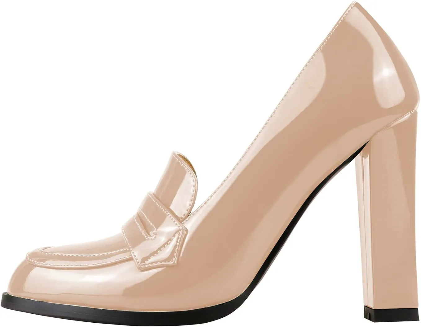Lutalica W Women's Handmade Closed Round Toe Patent Leather Slip On Dressy Chunky High Heel Loafer Pumps Shoes for Work Party Evening