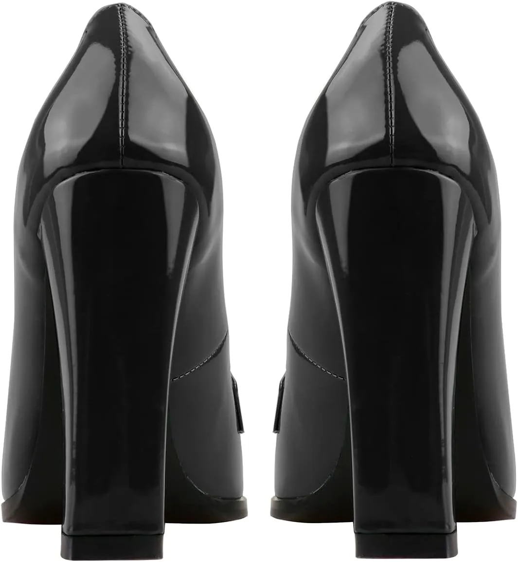 Lutalica W Women's Handmade Closed Round Toe Patent Leather Slip On Dressy Chunky High Heel Loafer Pumps Shoes for Work Party Evening