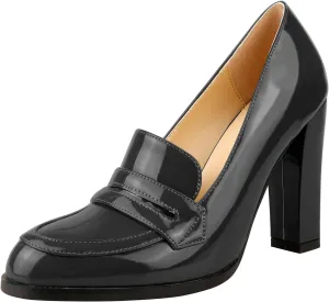Lutalica W Women's Handmade Closed Round Toe Patent Leather Slip On Dressy Chunky High Heel Loafer Pumps Shoes for Work Party Evening