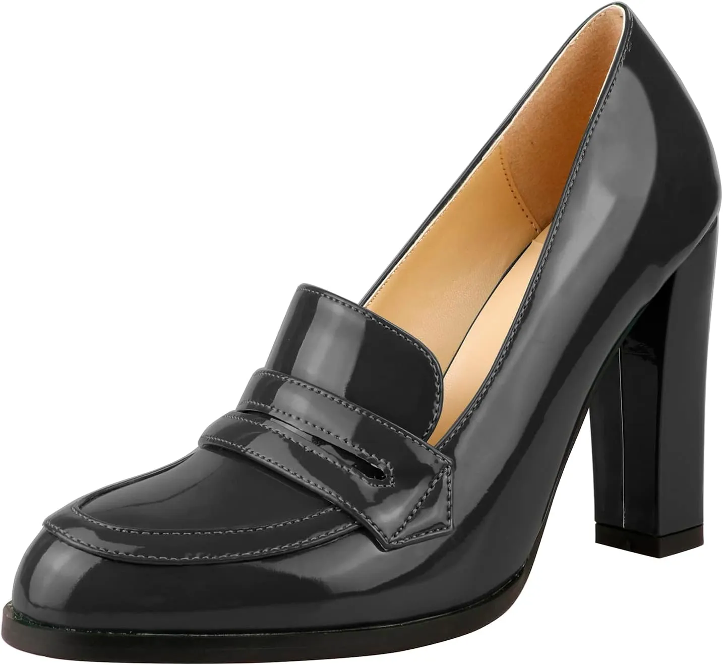 Lutalica W Women's Handmade Closed Round Toe Patent Leather Slip On Dressy Chunky High Heel Loafer Pumps Shoes for Work Party Evening