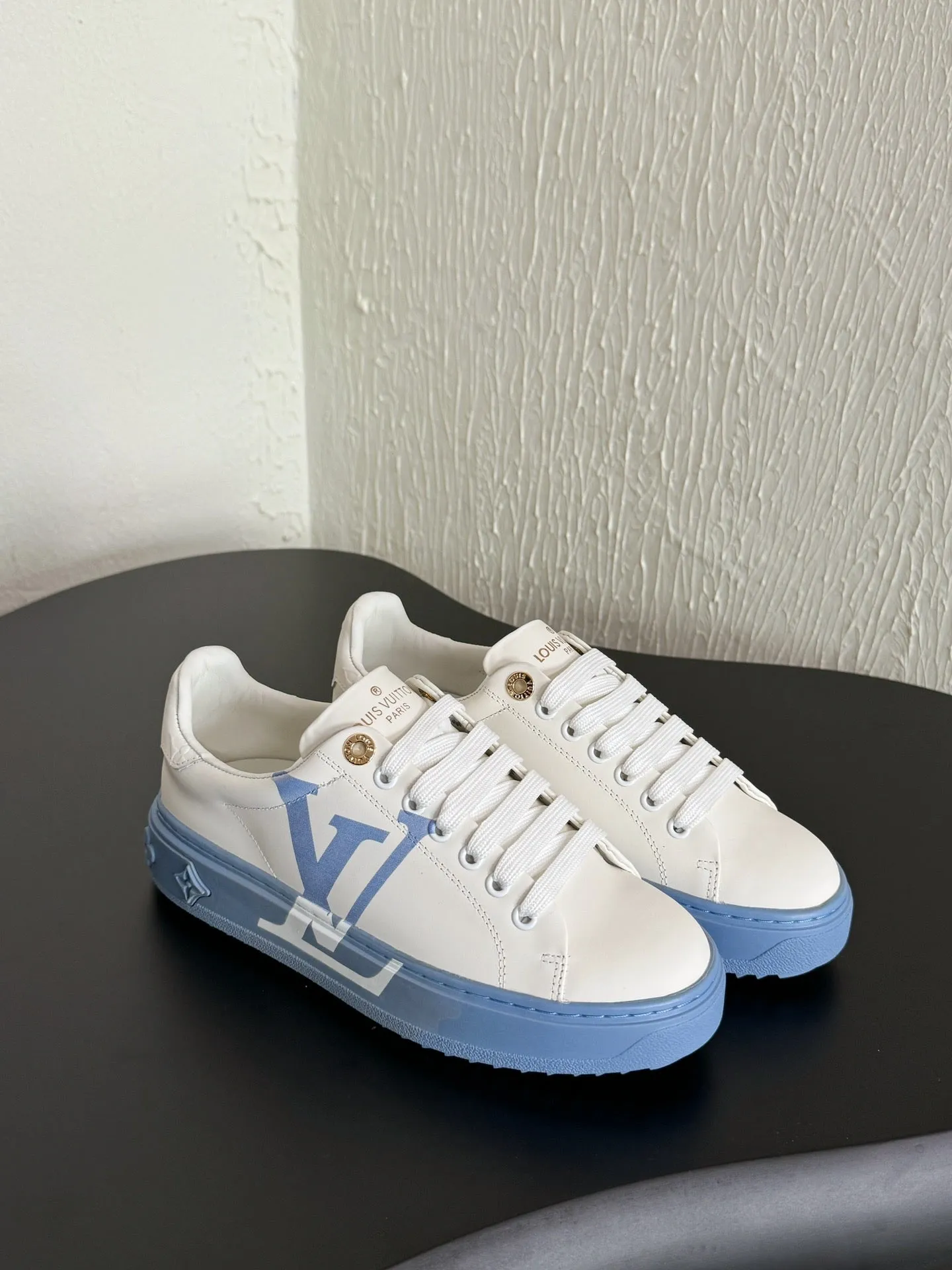 LV Sneakers Time Out  Logo Print White Mix Light Blue Calfskin