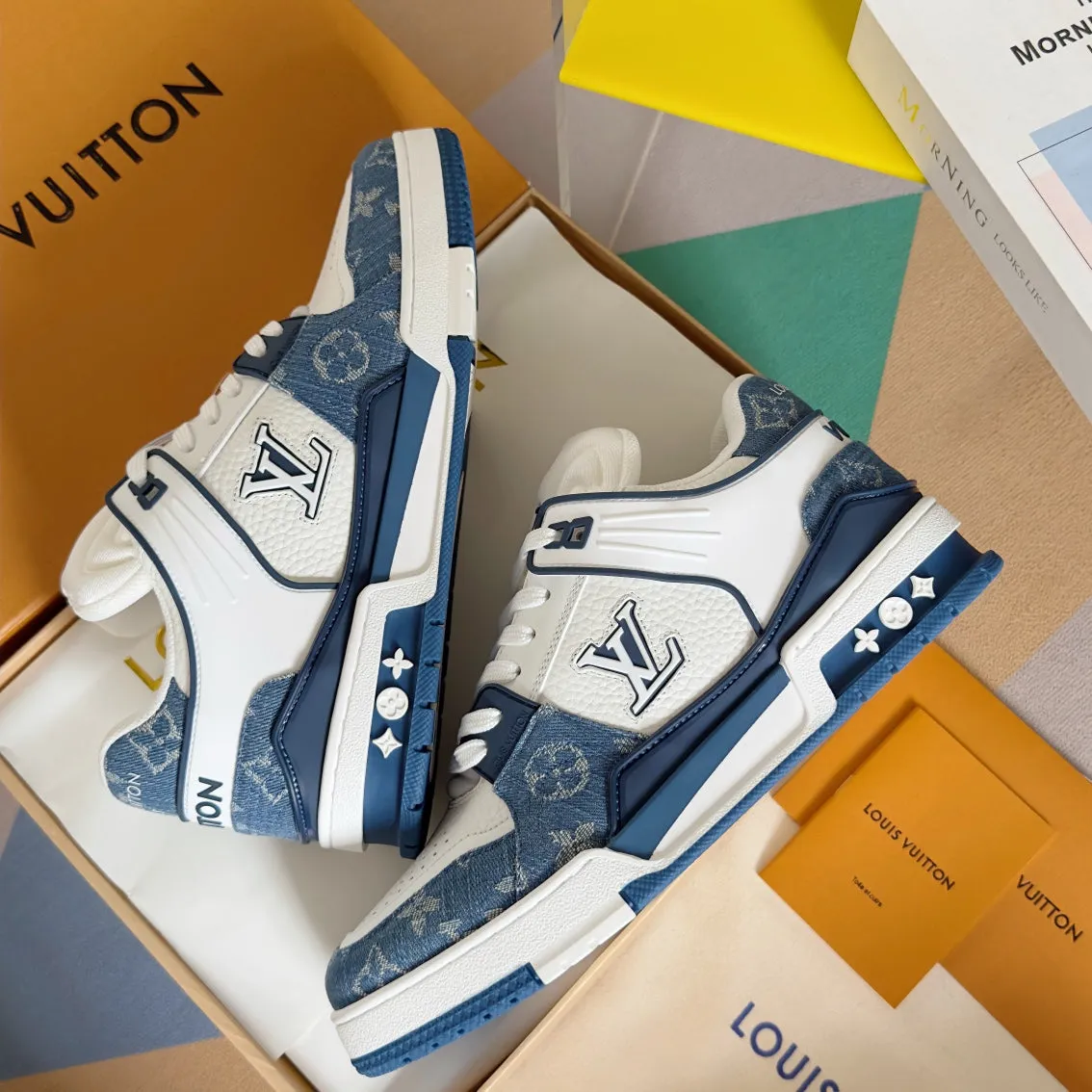 LV Trainer Sneaker 30mm White Mix Light Blue Cowhide