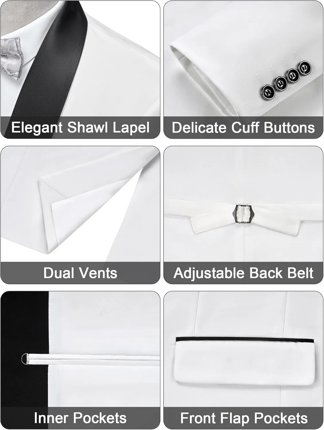 MAGE MALE Men's Slim Fit 3 Piece Suit One Button Solid Shawl Lapel Blazer Jacket Vest Pants Set with Tie Pocket Square