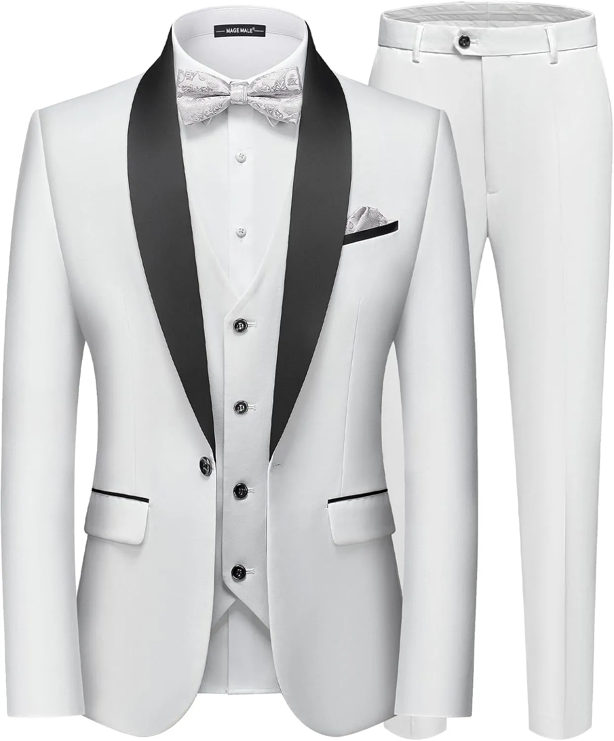 MAGE MALE Men's Slim Fit 3 Piece Suit One Button Solid Shawl Lapel Blazer Jacket Vest Pants Set with Tie Pocket Square