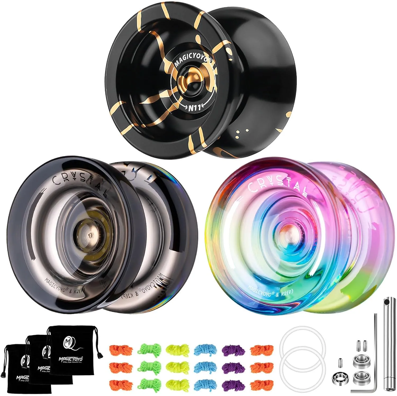 MAGICYOYO N11 Unresponsive Alloy Yoyos Professional Yoyo  K2 Responsive Yoyos, Pack of 3 Dual Purpose Yoyo with Bearings Kit, 3 Yoyo Bags, 18 Yoyo Strings