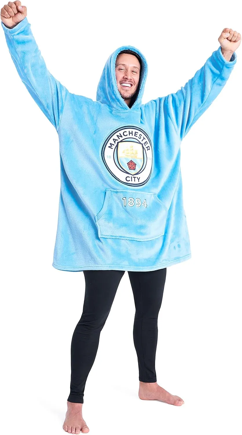 Manchester City F.C. Oversized Blanket Hoodie - Pull-On Polyester Comfy Hoodie for Men, Blue