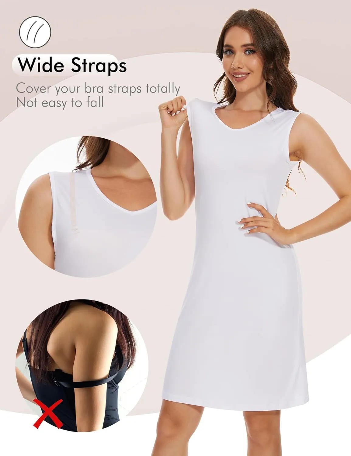MANCYFIT Women's Full Slip V Neckline Slip Dress Wide Straps Tank Top Slip for Women Under Dress Knee Length Slip