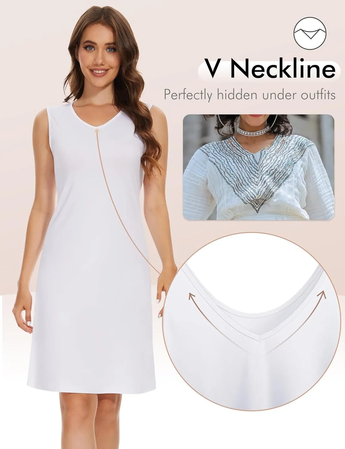 MANCYFIT Women's Full Slip V Neckline Slip Dress Wide Straps Tank Top Slip for Women Under Dress Knee Length Slip
