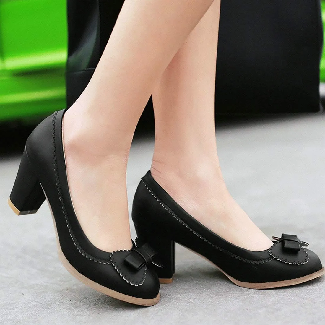 MAVMAX Women's Vintage Block High Heel Pumps with Bows