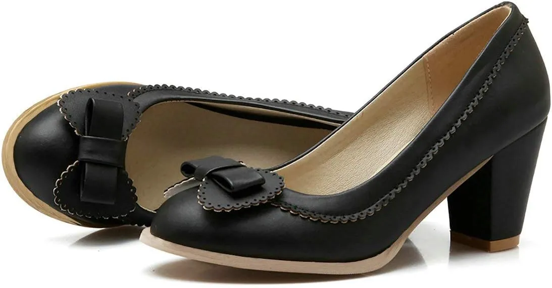 MAVMAX Women's Vintage Block High Heel Pumps with Bows
