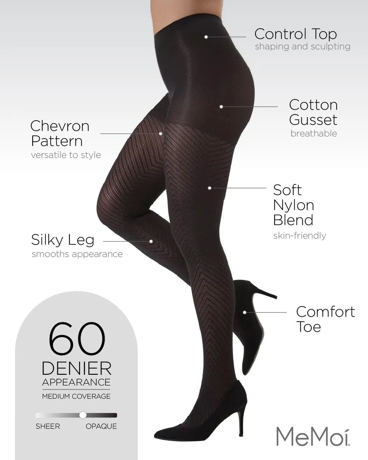 MeMoi Chevron Control Top Tights, Medium-Weight Smoothing Tummy Control Tights, 60 Denier - Sizes Small to Queen 2
