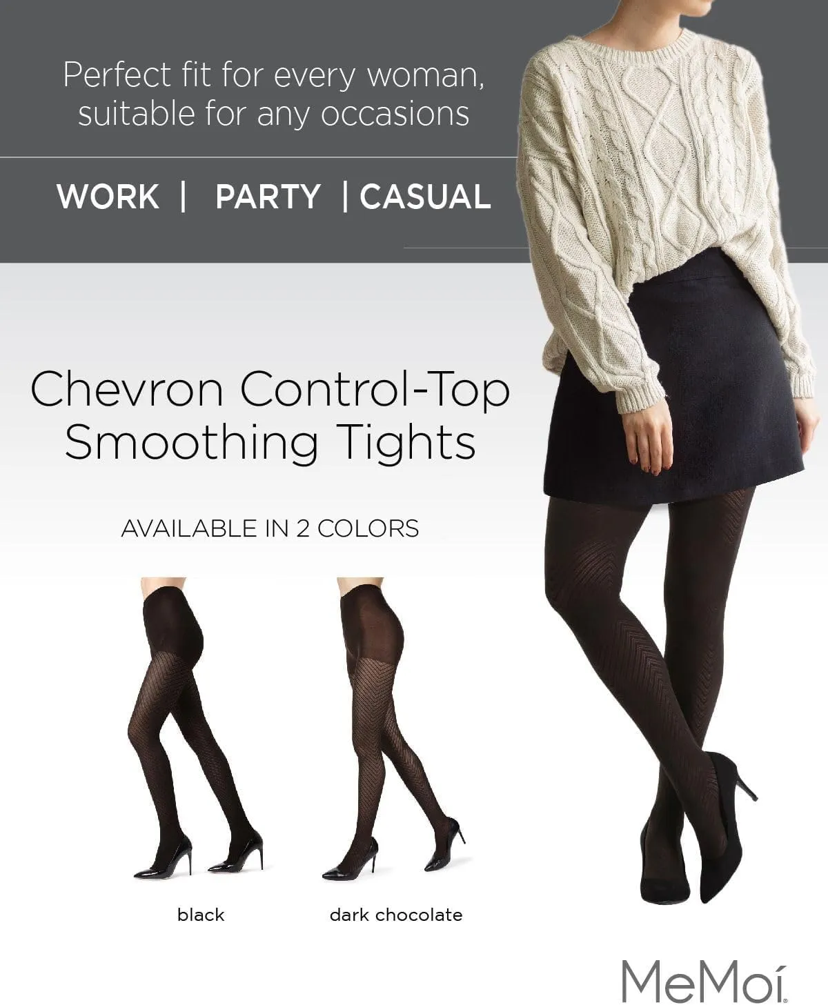 MeMoi Chevron Control Top Tights, Medium-Weight Smoothing Tummy Control Tights, 60 Denier - Sizes Small to Queen 2