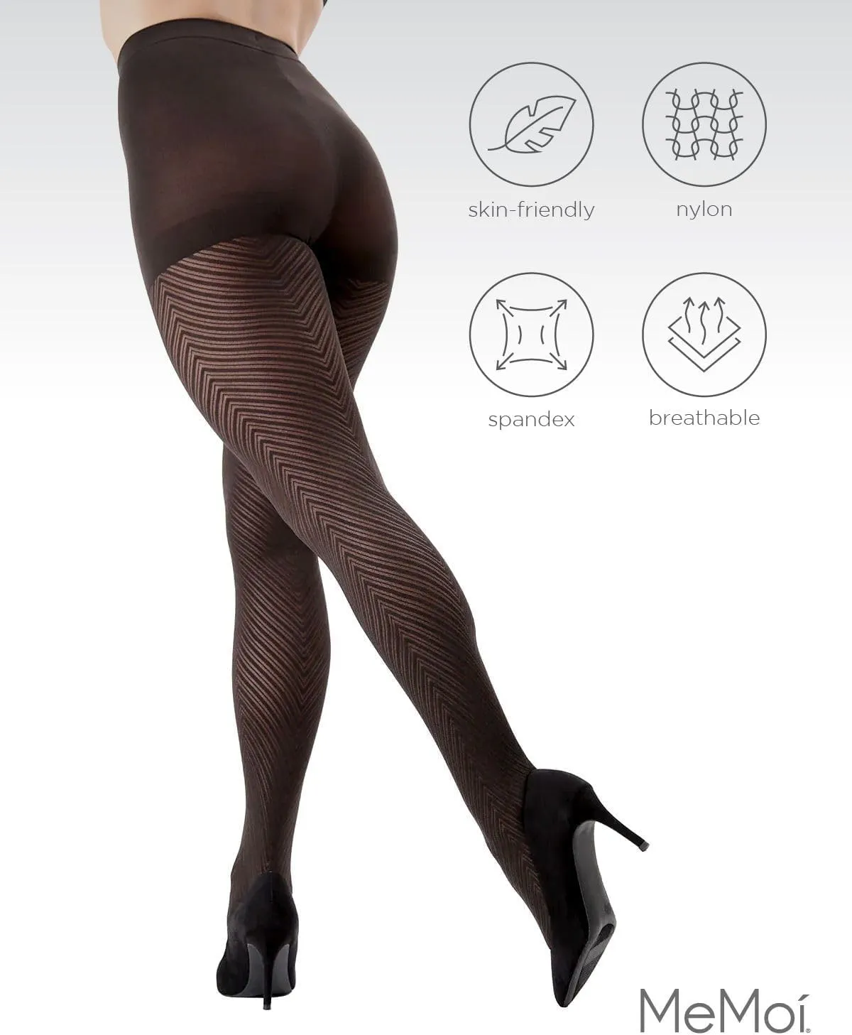 MeMoi Chevron Control Top Tights, Medium-Weight Smoothing Tummy Control Tights, 60 Denier - Sizes Small to Queen 2