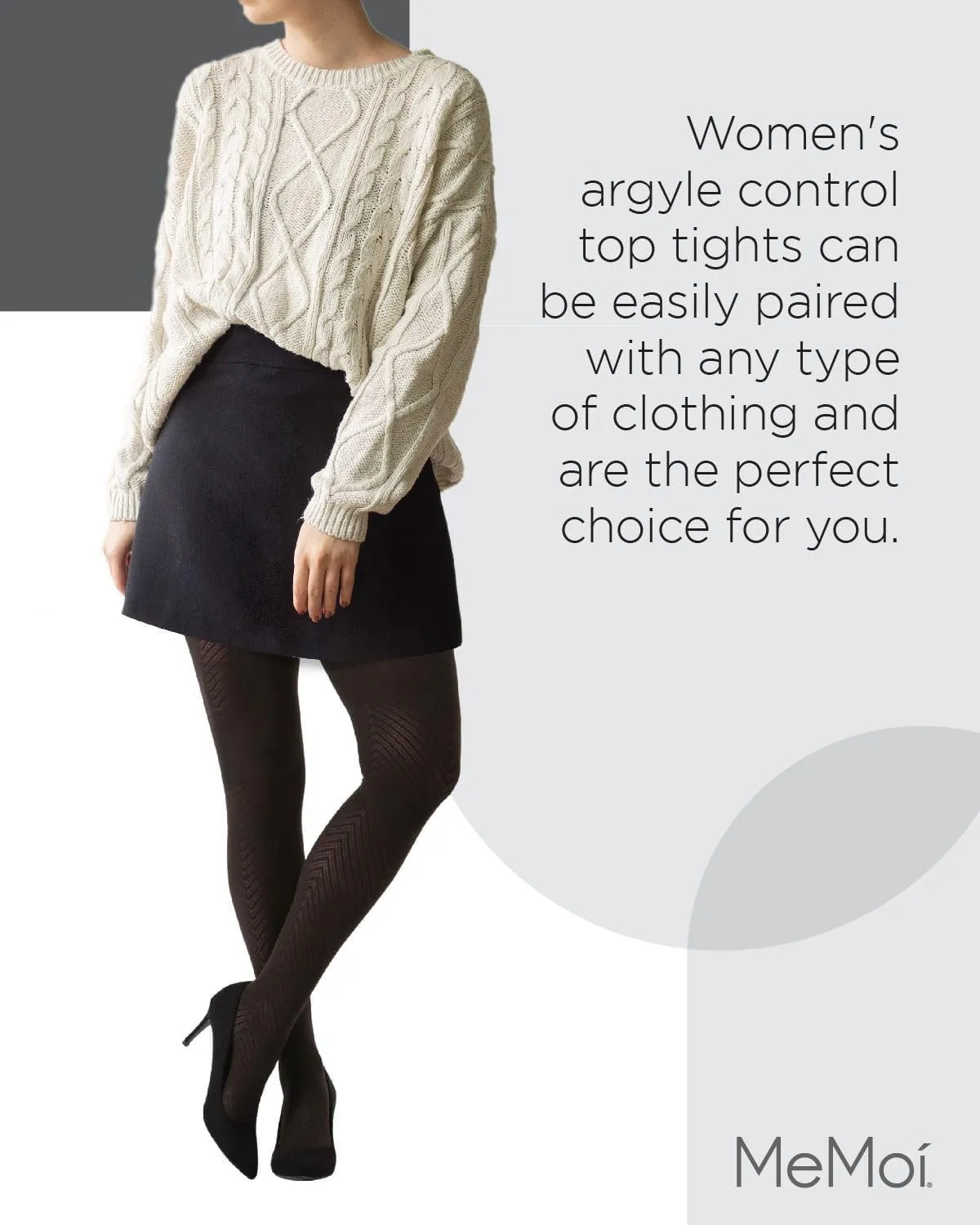 MeMoi Chevron Control Top Tights, Medium-Weight Smoothing Tummy Control Tights, 60 Denier - Sizes Small to Queen 2