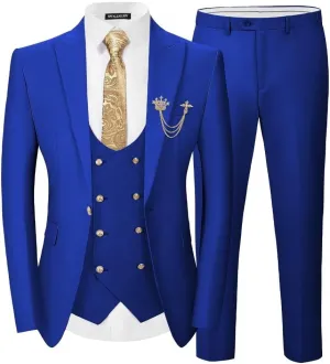 Men 3 Pieces Suits Slim Fit Wedding Prom Solid Blazer Double Breasted Vest and Pants Gold Button Tuxedo Set