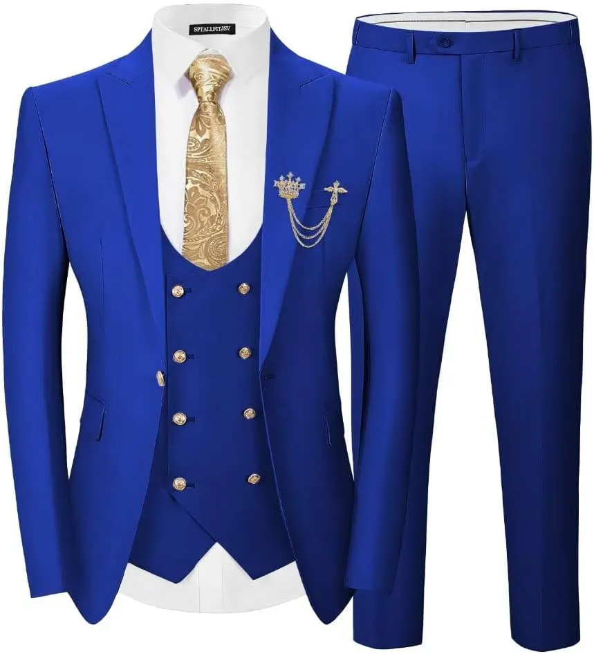 Men 3 Pieces Suits Slim Fit Wedding Prom Solid Blazer Double Breasted Vest and Pants Gold Button Tuxedo Set