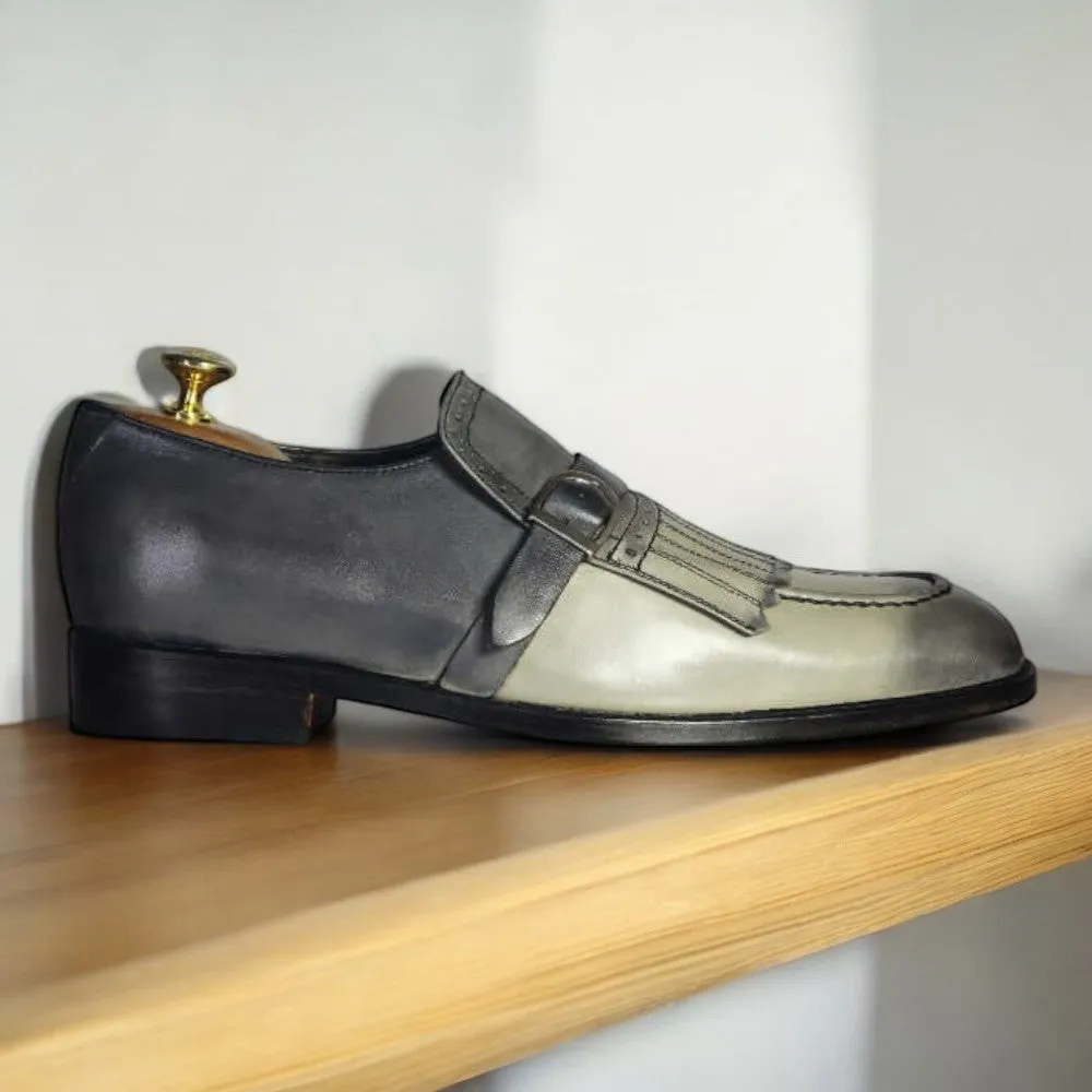Men Handmade Two Tone Gray Loafer Fringe Monk Strap Leather Men Shoes