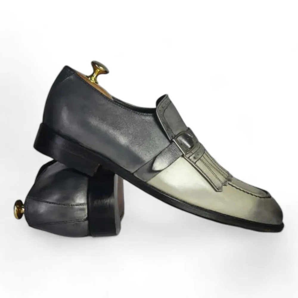 Men Handmade Two Tone Gray Loafer Fringe Monk Strap Leather Men Shoes