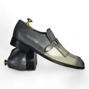 Men Handmade Two Tone Gray Loafer Fringe Monk Strap Leather Men Shoes