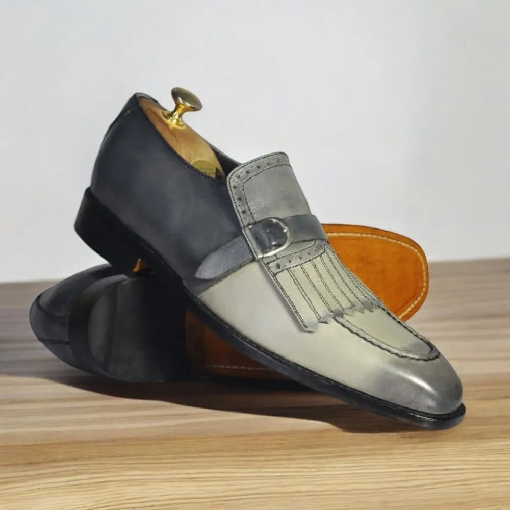 Men Handmade Two Tone Gray Loafer Fringe Monk Strap Leather Men Shoes