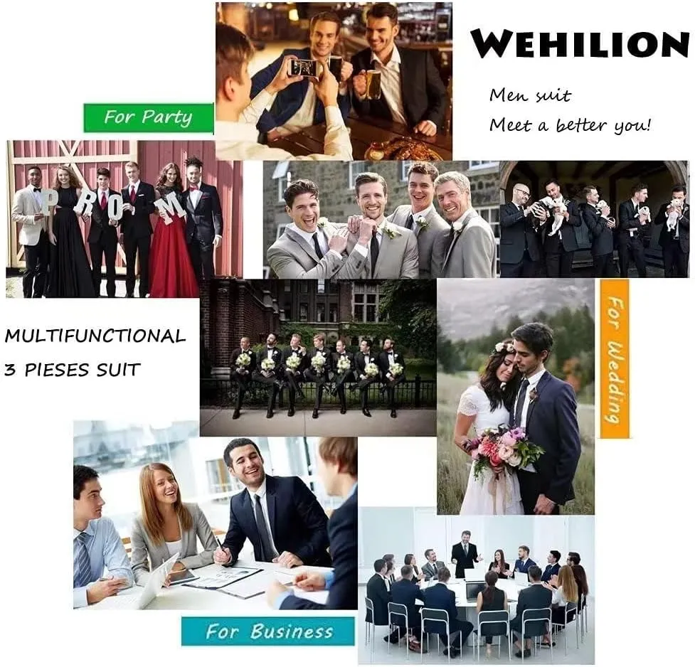 Men Suit 3 Pieces Slim Fit, Groomsmen Business Jacket Vest Pant with Tie 2 Buttons Prom Tuxedo Xs/3630