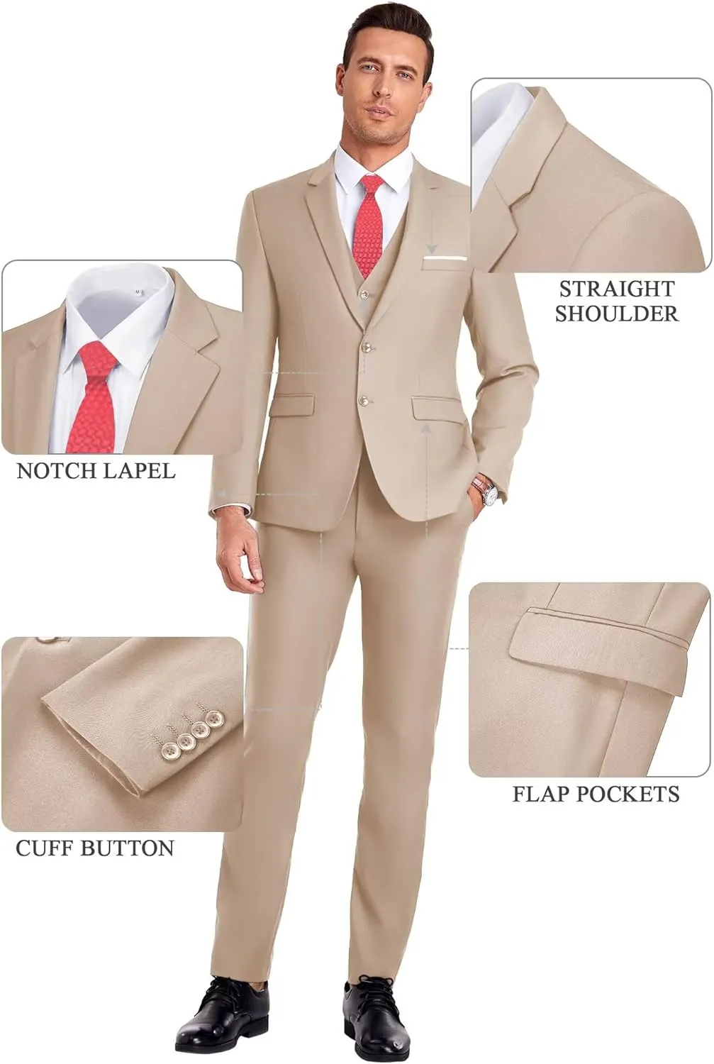 Men Suit 3 Pieces Slim Fit, Groomsmen Business Jacket Vest Pant with Tie 2 Buttons Prom Tuxedo Xs/3630