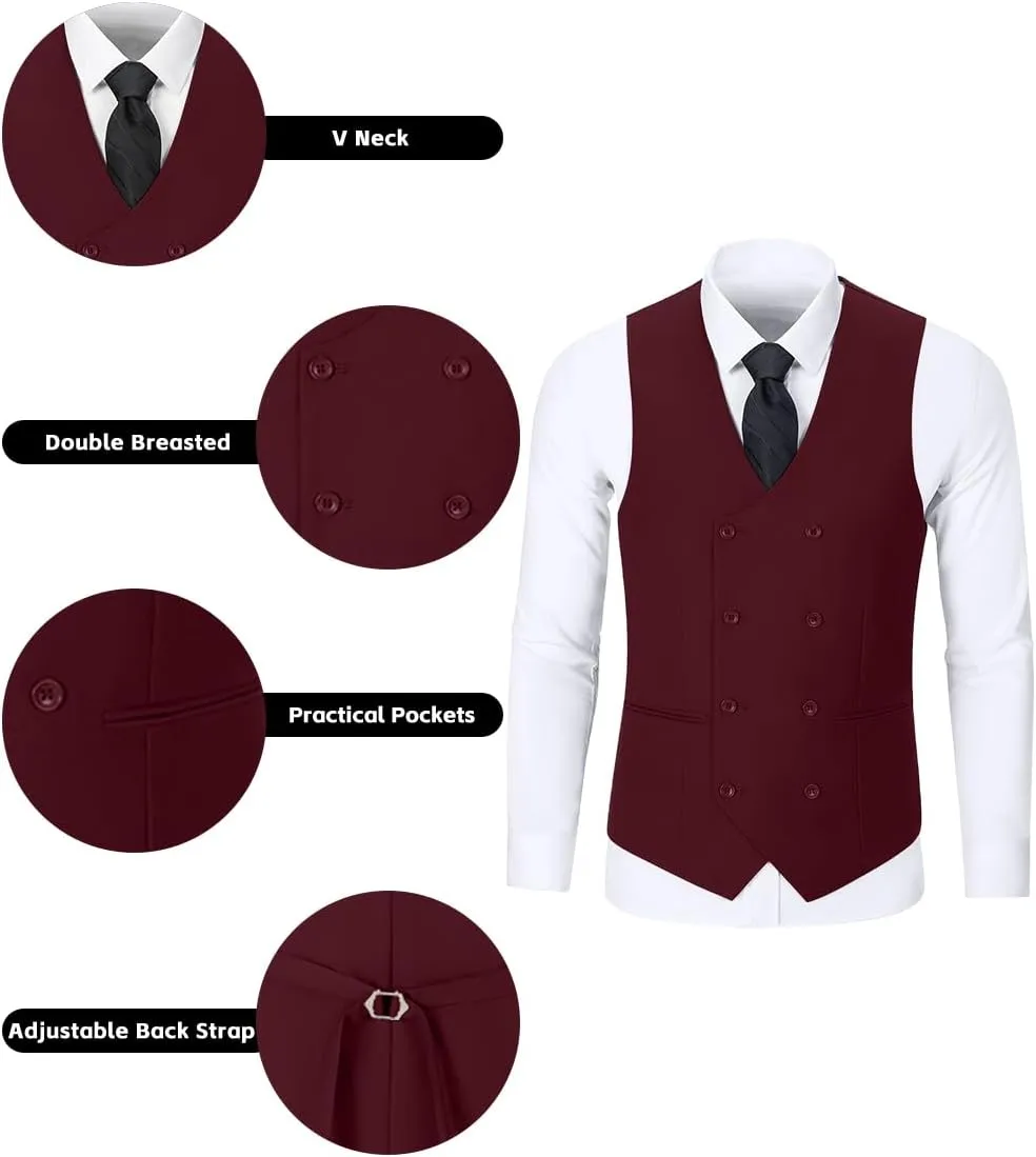 Mens 3 Piece Slim Fit Suit Set, Double Breasted Blazer Vest Pants Business Tuxedo Dress