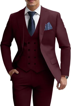 Mens 3 Piece Slim Fit Suit Set, Double Breasted Blazer Vest Pants Business Tuxedo Dress