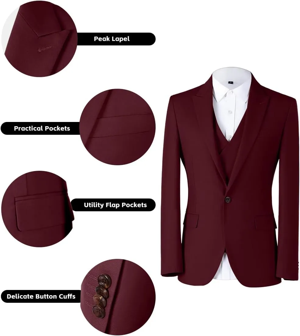 Mens 3 Piece Slim Fit Suit Set, Double Breasted Blazer Vest Pants Business Tuxedo Dress