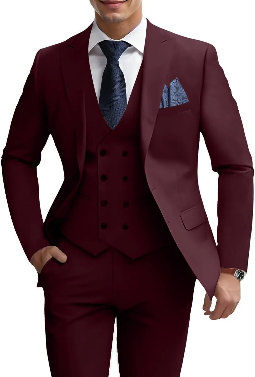 Mens 3 Piece Slim Fit Suit Set, Double Breasted Blazer Vest Pants Business Tuxedo Dress