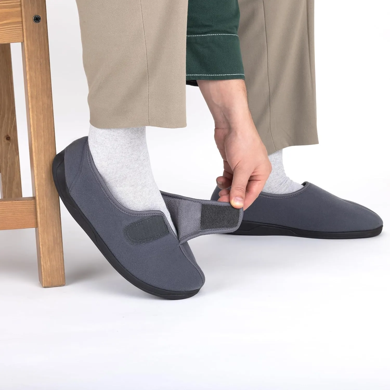 Men's Adjustable Wrap 80-D Memory Foam Comfy Diabetic Slippers for Swollen Feet, Edema, Arthritis, Elderly Indoor/Outdoor w/Anti Slip Sole