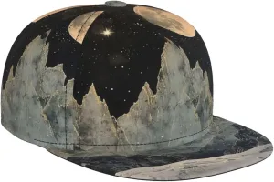 Men's Baseball Cap Mountain Moon Stars Starry Night Sky Marble Nature Flat Brim Adjustable Snapback Trucker Hat, Dad Hat, Casual Sport Outdoor Sun Hat