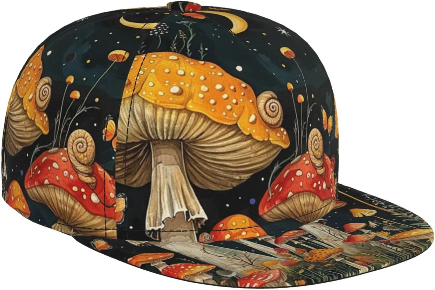 Men's Baseball Cap Mushroom Butterfly Snail Star Starry Night Moon Plant Flat Brim Adjustable Snapback Trucker Hat, Dad Hat, Casual Sport Outdoor Sun Hat Black