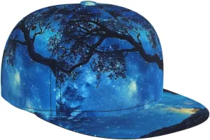 Men's Baseball Cap Starry Night Sky Blue Tree Dreamy Nature Beauty Flat Brim Adjustable Snapback Trucker Hat, Dad Hat, Casual Sport Outdoor Sun Hat