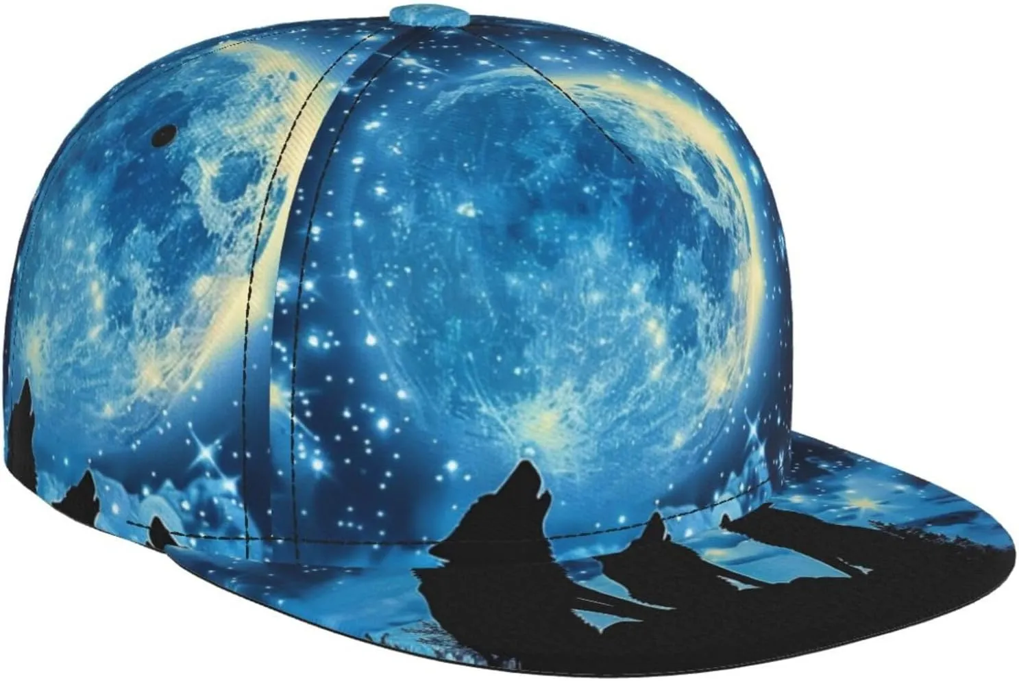 Men's Baseball Cap Wolves Moon Wolf Howlin Starry Night Sky Wild Animal Flat Brim Adjustable Snapback Trucker Hat, Dad Hat, Casual Sport Outdoor Sun Hat