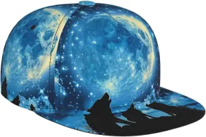 Men's Baseball Cap Wolves Moon Wolf Howlin Starry Night Sky Wild Animal Flat Brim Adjustable Snapback Trucker Hat, Dad Hat, Casual Sport Outdoor Sun Hat