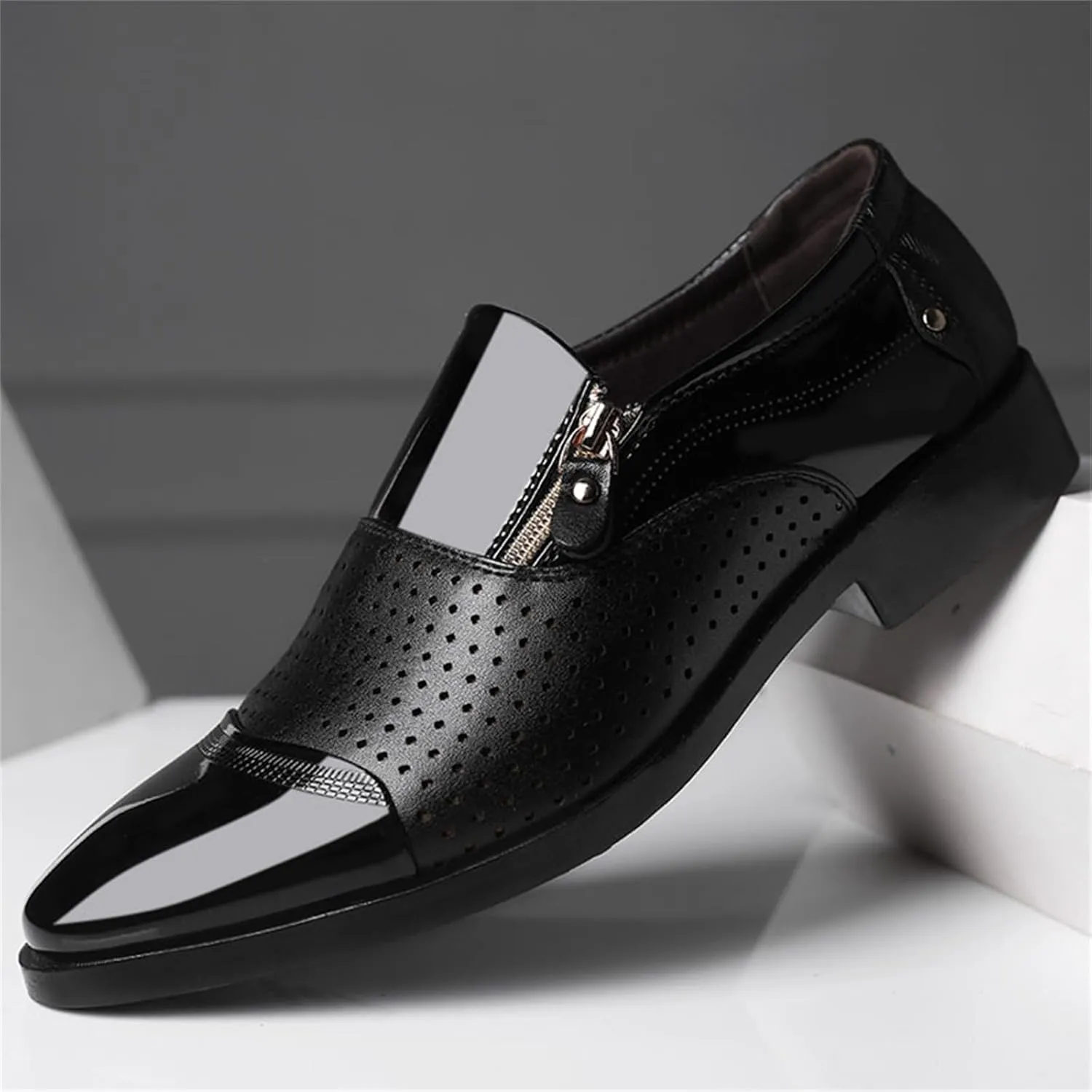 Men's Breathable Zipper Penny Loafers Slip On Driving Boat Business Casual Oxford Patent Leather Dress Shoes