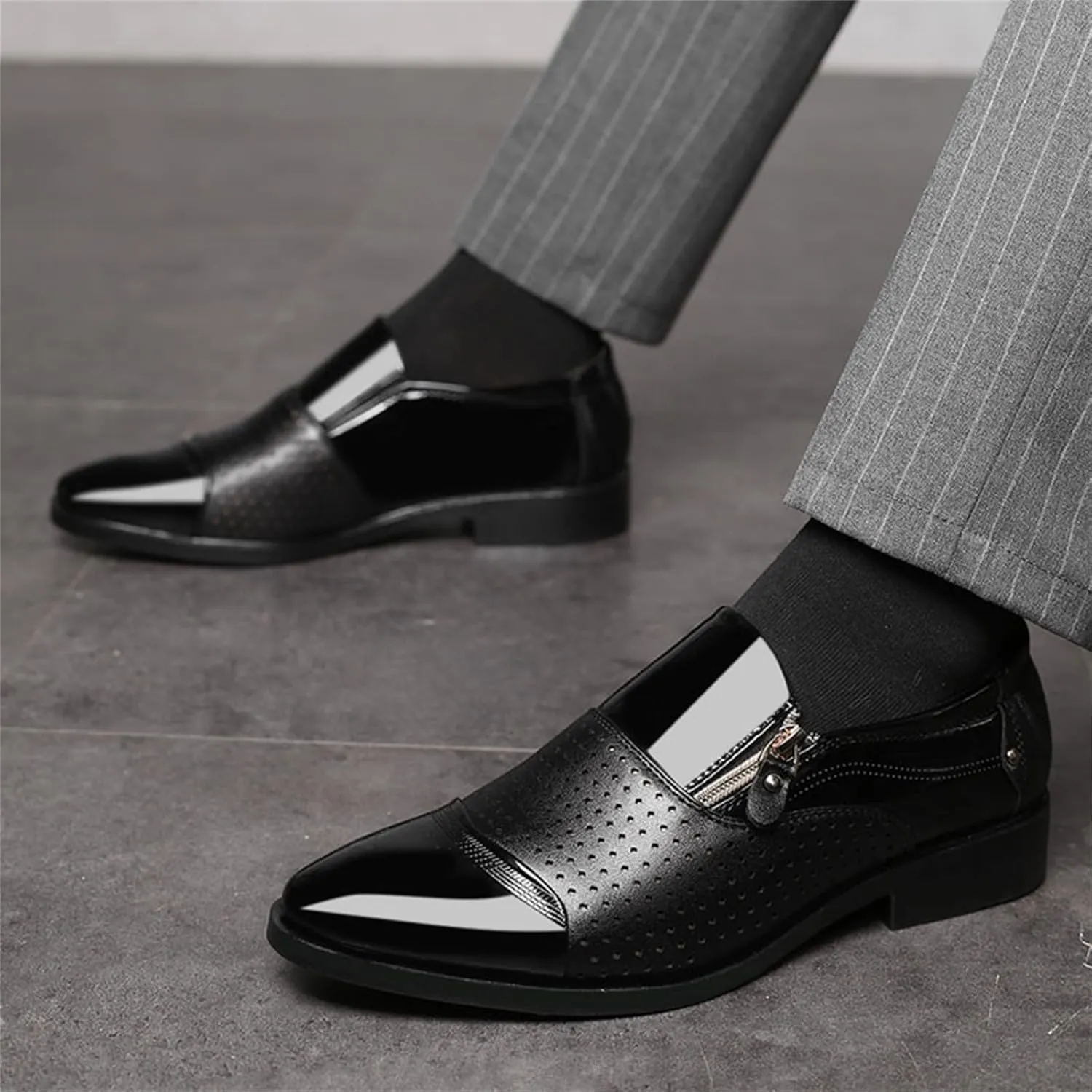 Men's Breathable Zipper Penny Loafers Slip On Driving Boat Business Casual Oxford Patent Leather Dress Shoes