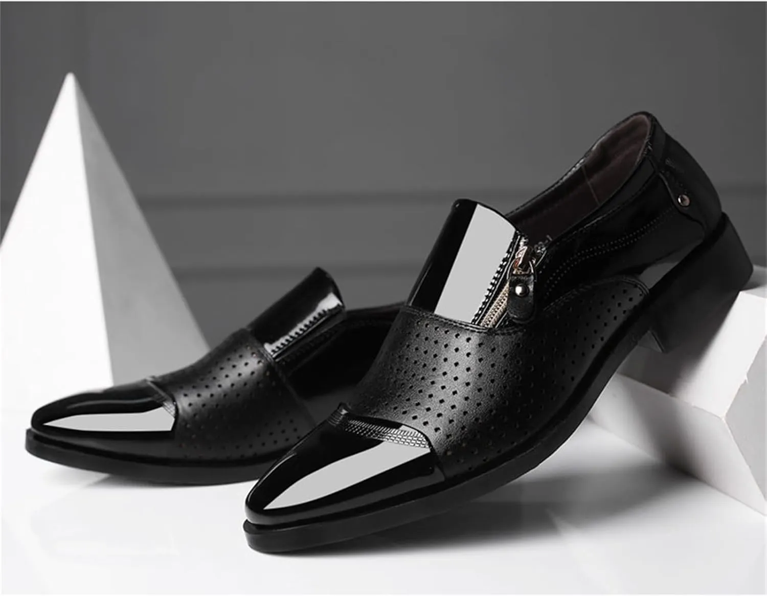 Men's Breathable Zipper Penny Loafers Slip On Driving Boat Business Casual Oxford Patent Leather Dress Shoes