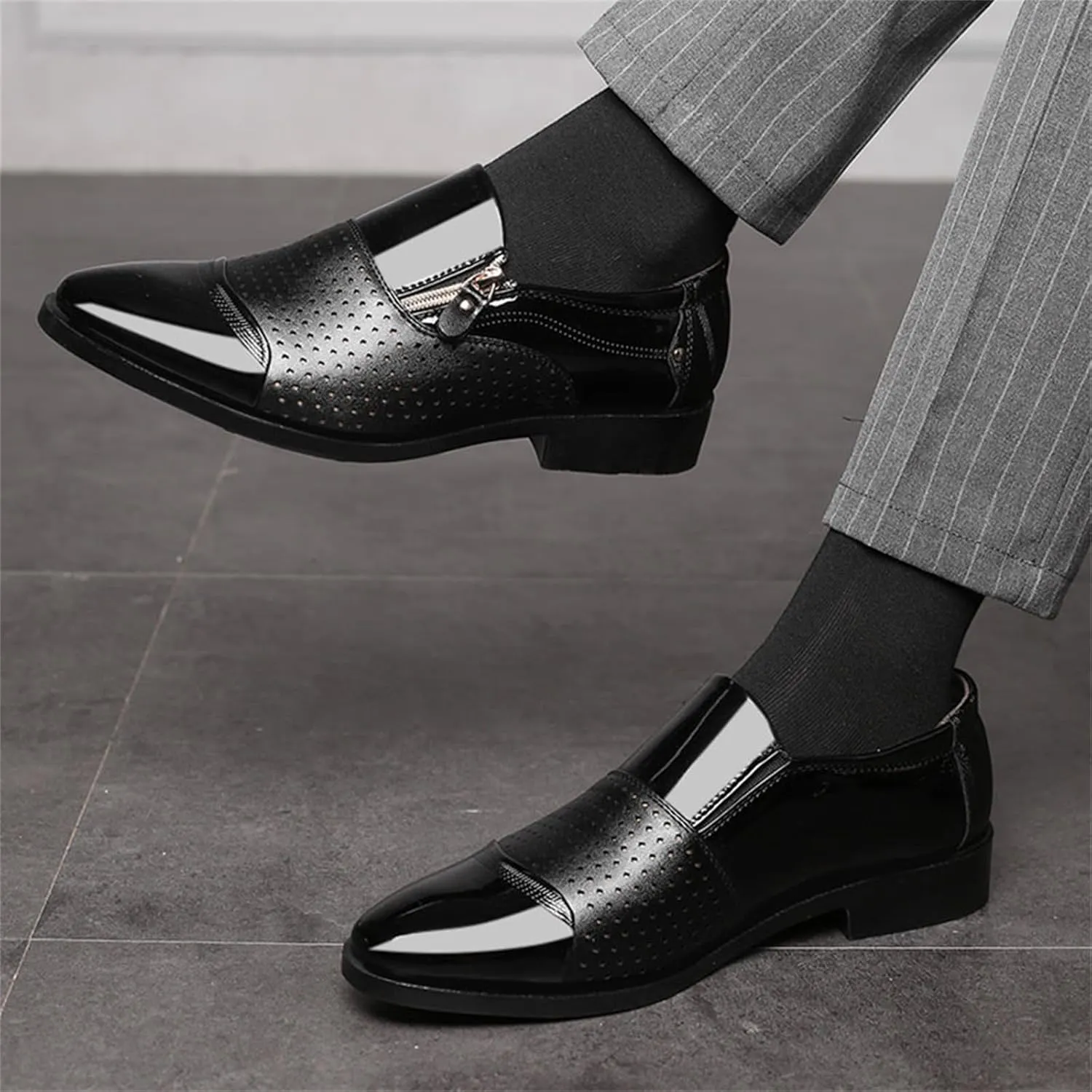 Men's Breathable Zipper Penny Loafers Slip On Driving Boat Business Casual Oxford Patent Leather Dress Shoes