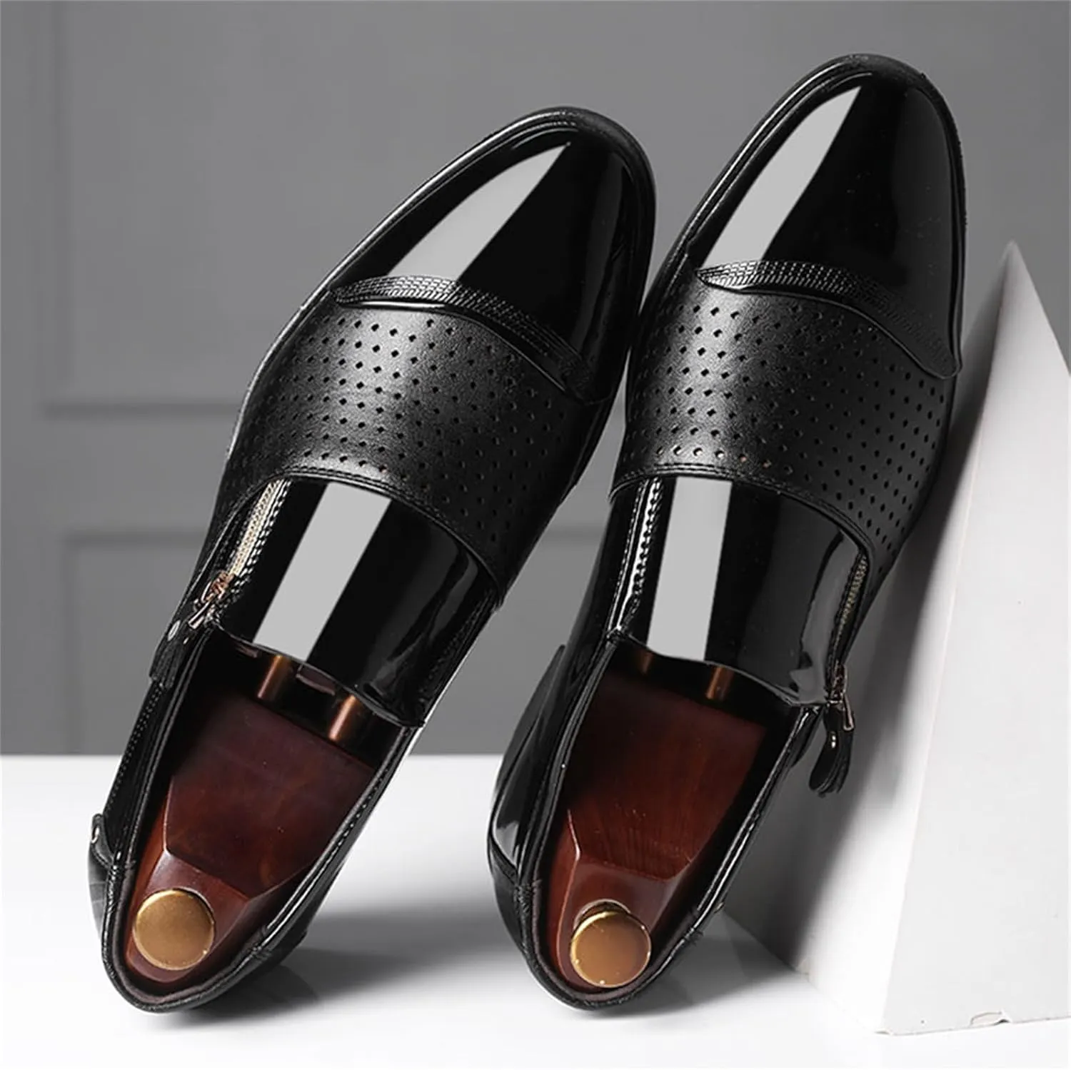 Men's Breathable Zipper Penny Loafers Slip On Driving Boat Business Casual Oxford Patent Leather Dress Shoes