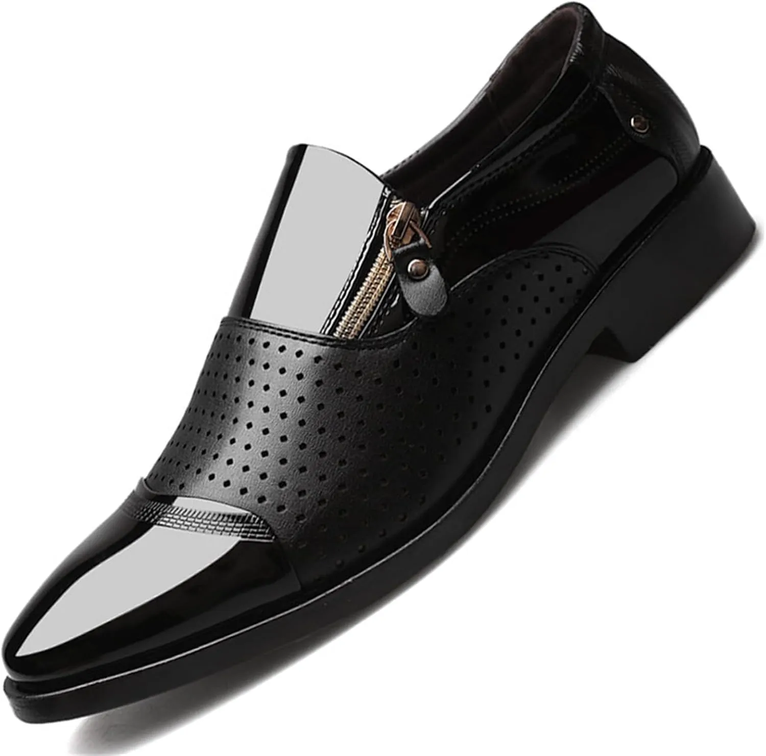 Men's Breathable Zipper Penny Loafers Slip On Driving Boat Business Casual Oxford Patent Leather Dress Shoes