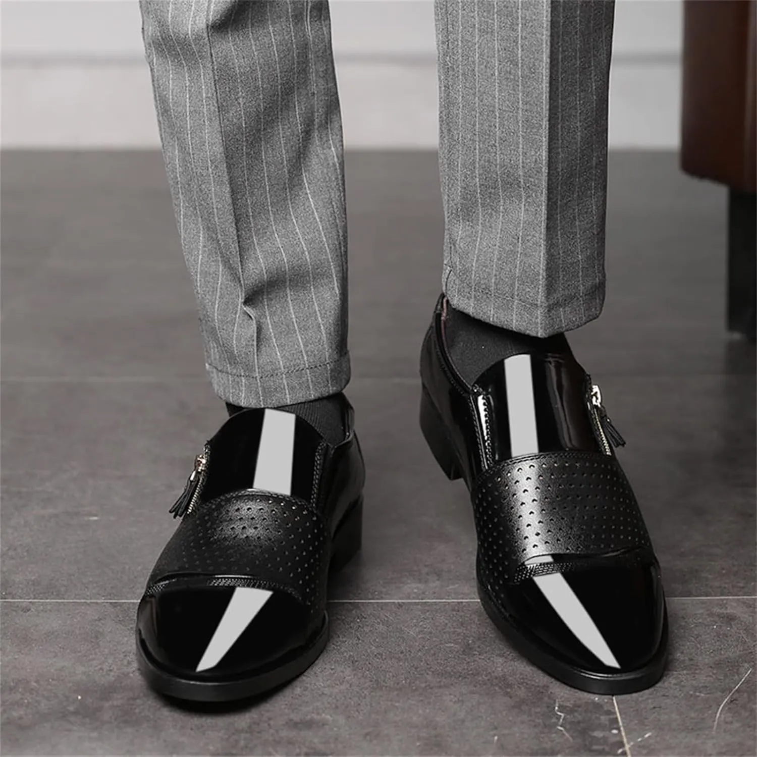 Men's Breathable Zipper Penny Loafers Slip On Driving Boat Business Casual Oxford Patent Leather Dress Shoes