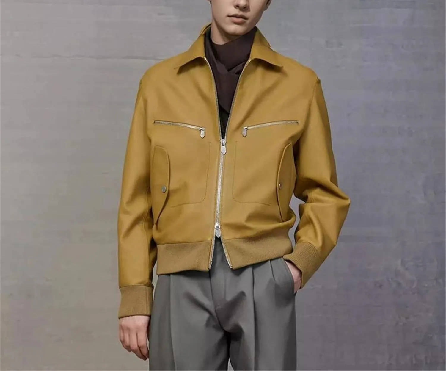 Men’s Custom Sheepskin Leather Jacket Vintage Yellow Slim Fit Year-Round Coat